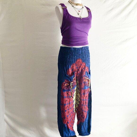 “Leela” Shirred Waist Harem Pants Rangoli Pattern One Size Pink or Navy Blue - Picture 8 of 11